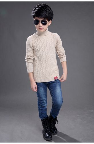 中大男童毛衣套头高领加绒加厚儿童羊绒衫纯色针织打底衫冬季保暖