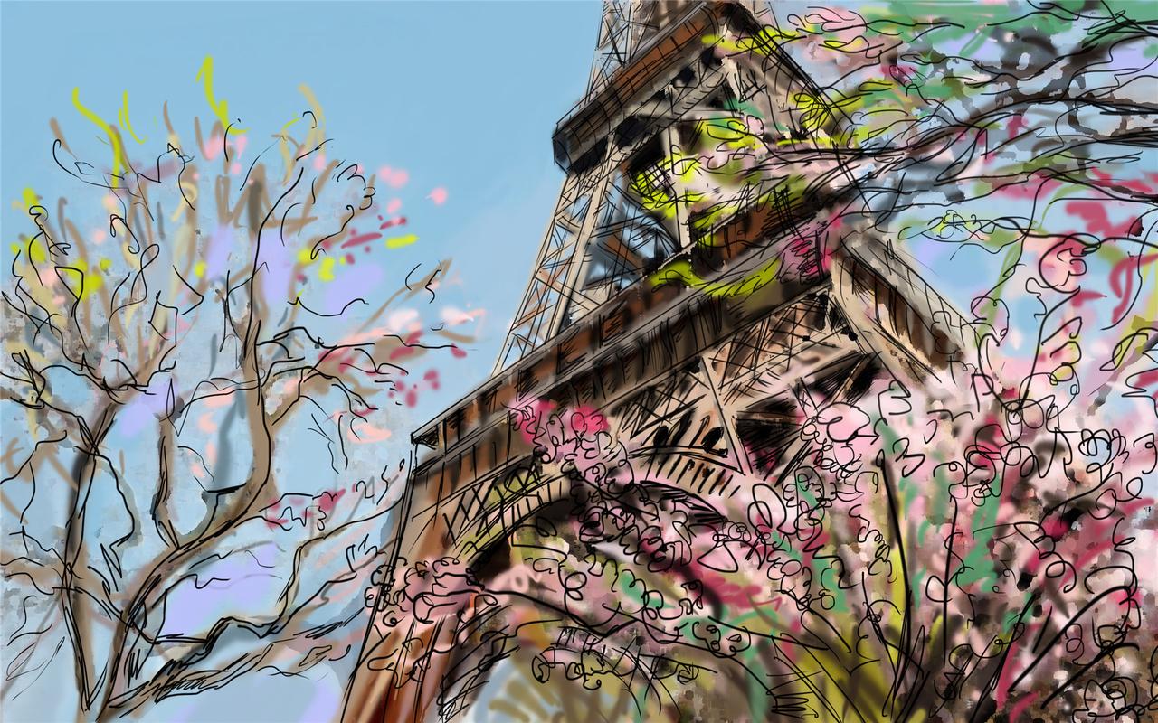 手绘素描巴黎风景写实高清桌面壁纸下载