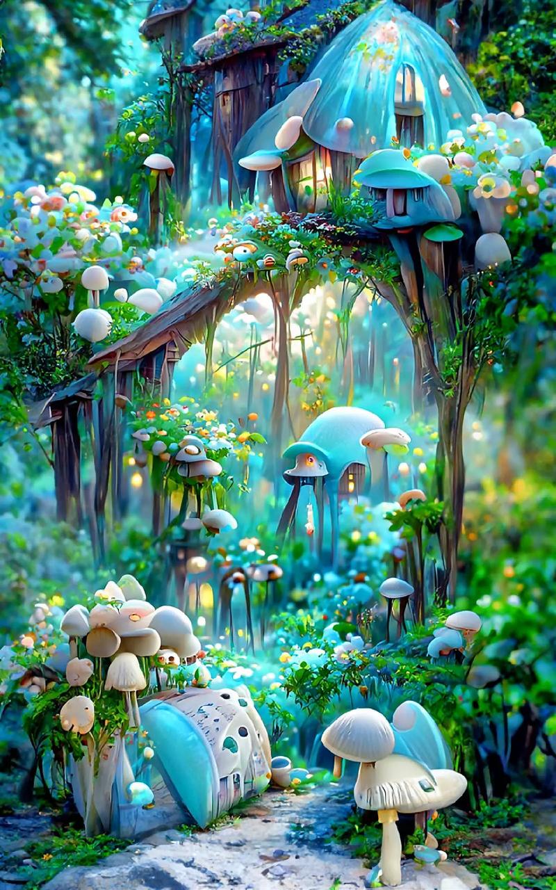 鲜花森林里可爱的蘑菇屋周围长满了鲜花蘑菇,唯美梦幻治愈的画面 - 抖