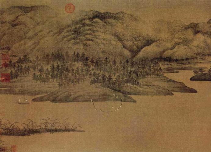 《潇湘图》(局部)是五代南唐董源创作的设色绢本山水画,该作品现收藏