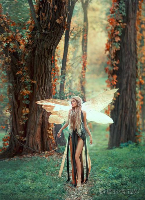 不可思议的仙女在秋林中漫步一个金发女孩长发造型奇特小精灵穿着绿色