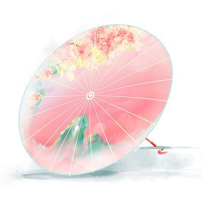 手绘古风国潮质感粉色山水唯美插画油纸伞元素
