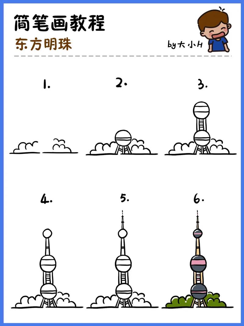 上海明珠塔,地标建筑简笔画教程11