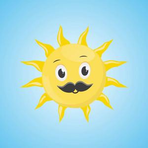 蓝色微笑图标黄色的简单微笑的太阳与胡子一个卡通人物.