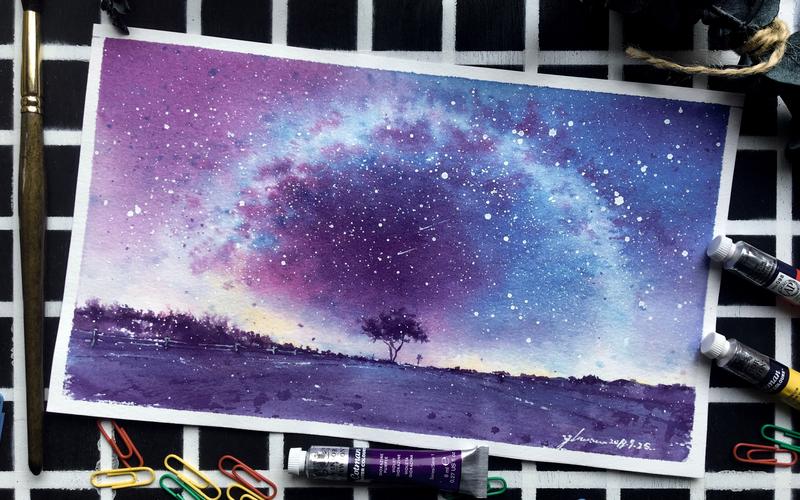 水彩教程水彩手绘过程简单写实风景画星空流星树林系列星夜