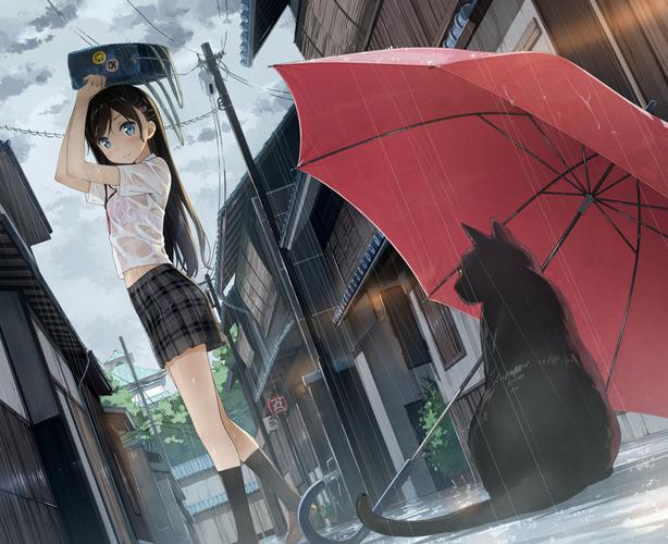 美到窒息的二次元动漫下雨天女生唯美撑伞图片