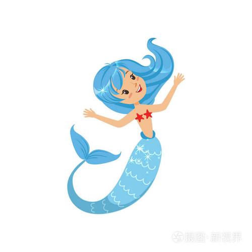 来自海底世界的美丽的小美人鱼卡通神话女孩与蓝头发和鱼尾巴海洋和