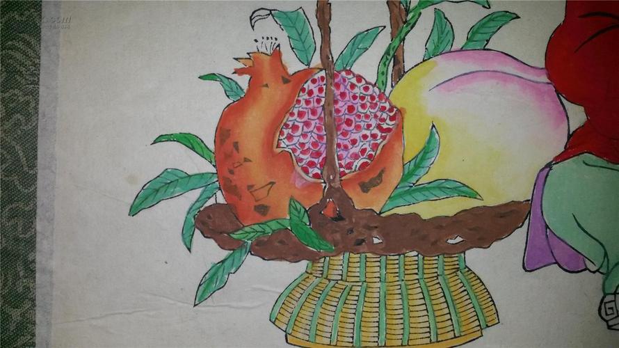六七十年代杨柳青半印半绘木版年画版画榴开百子已托裱