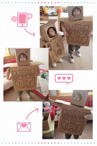 刘梓琪小朋友的机器人,用纸箱做成了造型