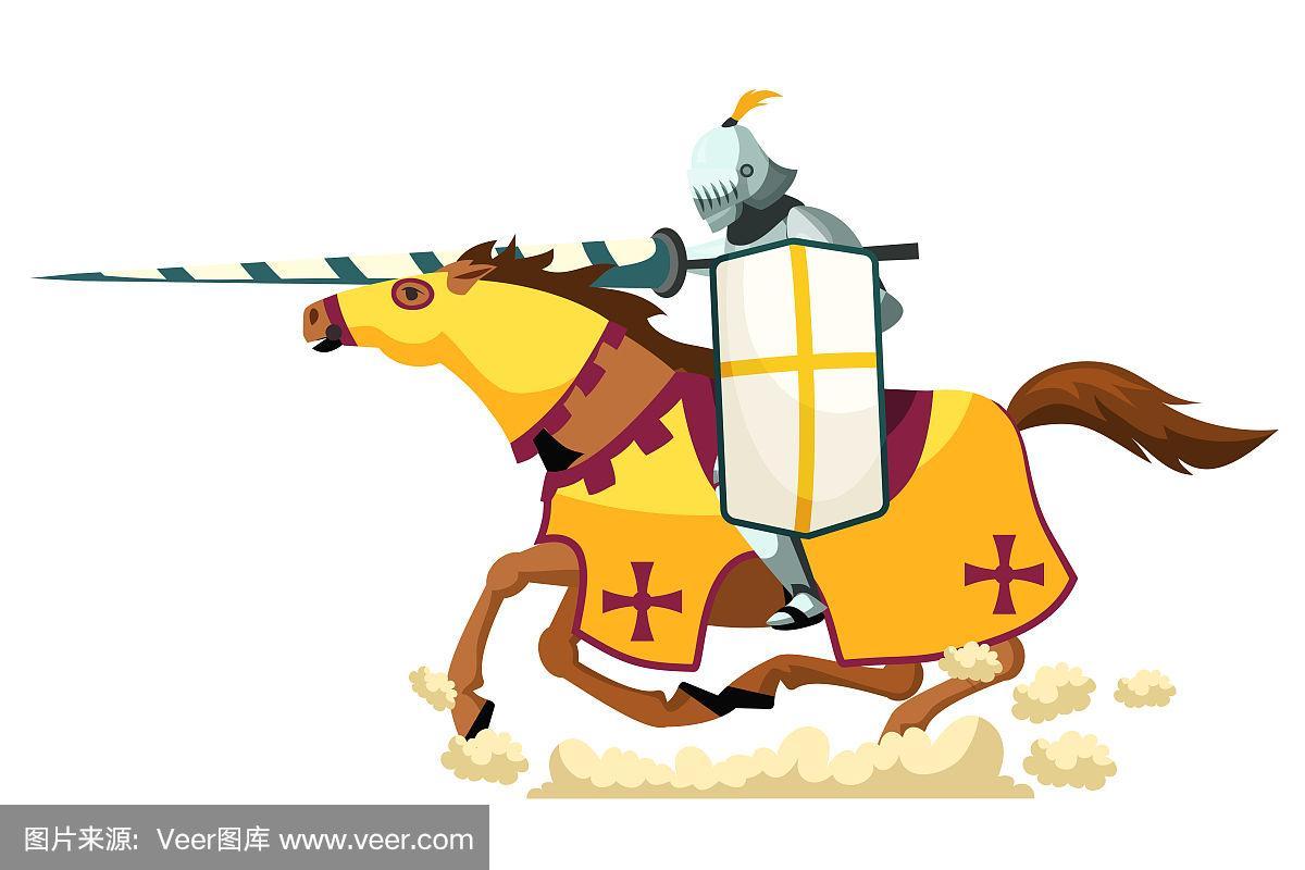 中世纪骑士的比赛.卡通古代武士与山峰和盾牌作战骑马.比赛游戏.