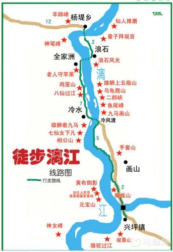 梁福庆找出徒步漓江路线图,计划从杨堤走到兴坪,全长16公里.