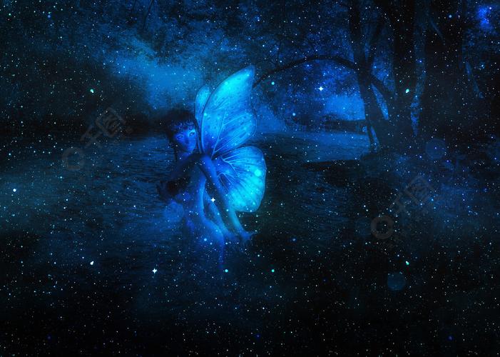 抽象的3d仙女女孩在夜晚的森林里有一条小河梦幻般的风景