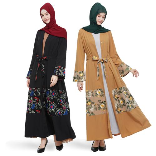 亚马逊中东迪拜阿拉伯女装 刺绣花网布拼接开衫外穿长袍abaya