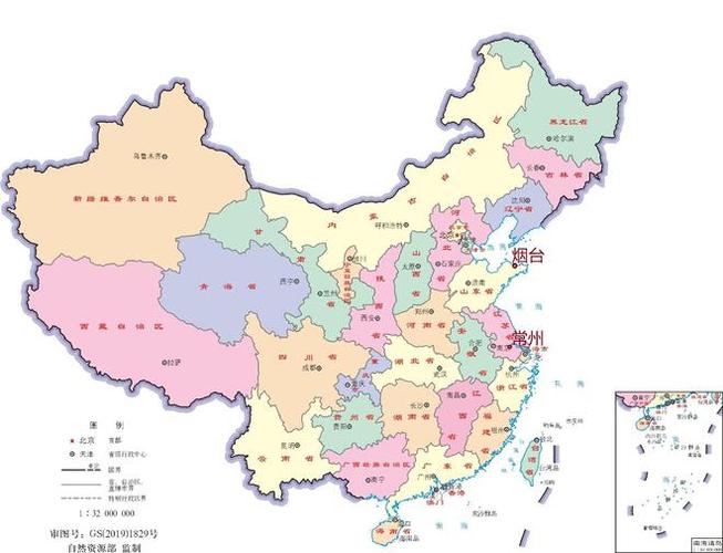 烟台和常州在中国政区图中的位置