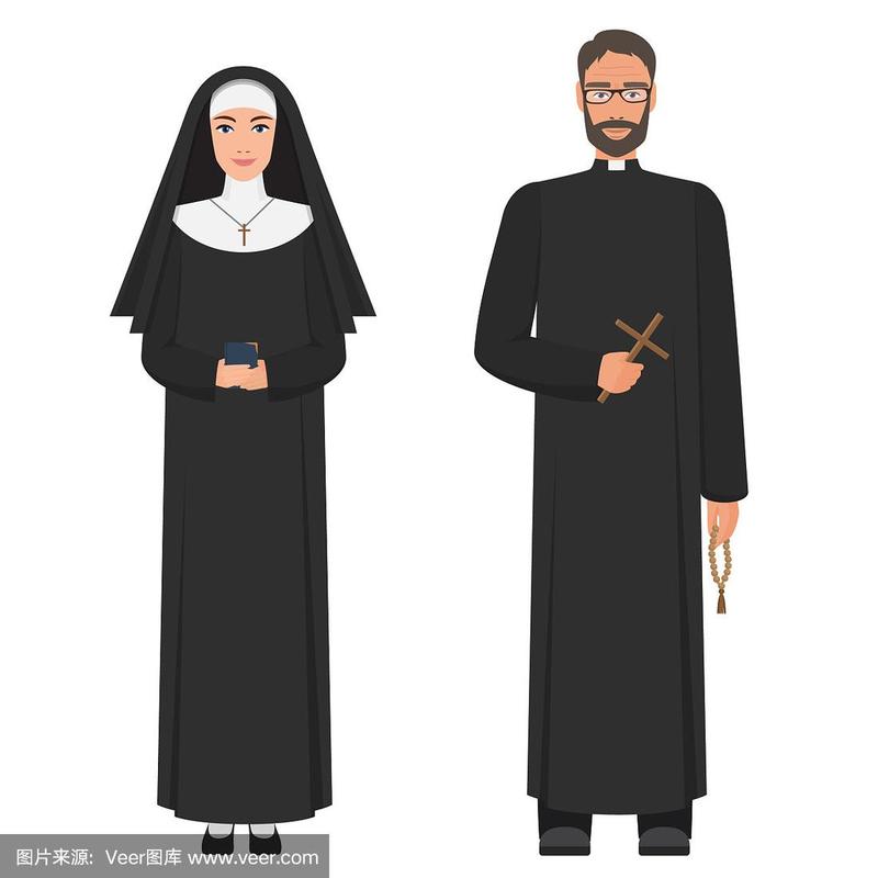 天主教神父和修女扁平卡通