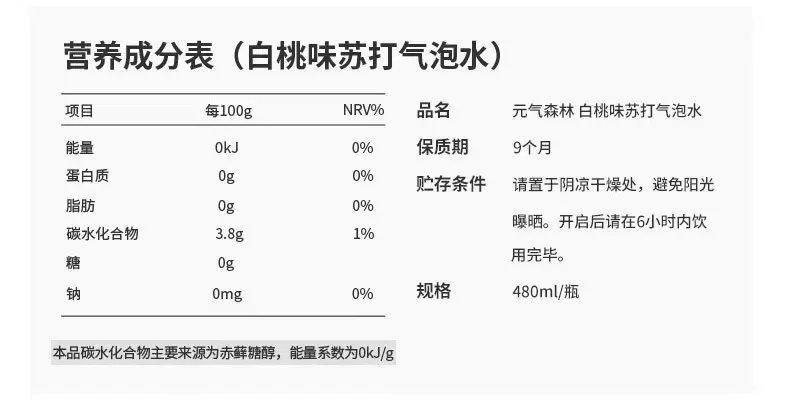 元气森林白桃味苏打气泡水营养成分表 图片来源:元气森林天猫官方旗舰