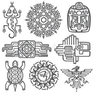 古代墨西哥的矢量神话符号.美国阿兹特克,玛雅文化土著图腾图案照片