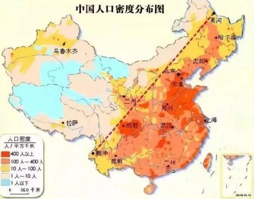 中国人口密度分布图,图中直线为胡焕庸