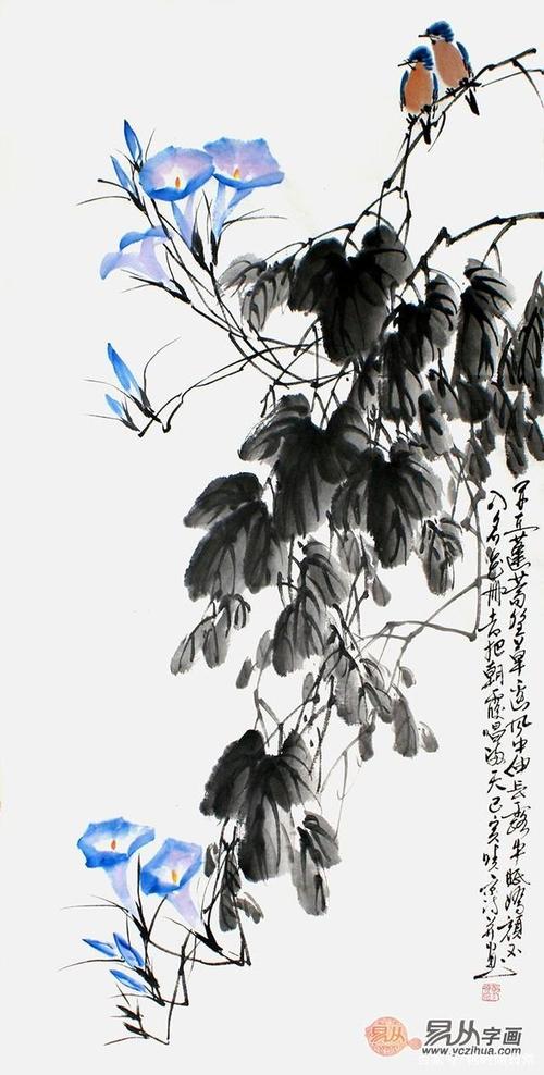 郑晓京老师三尺竖幅写意花鸟画作品《牵牛花》来源:易从网