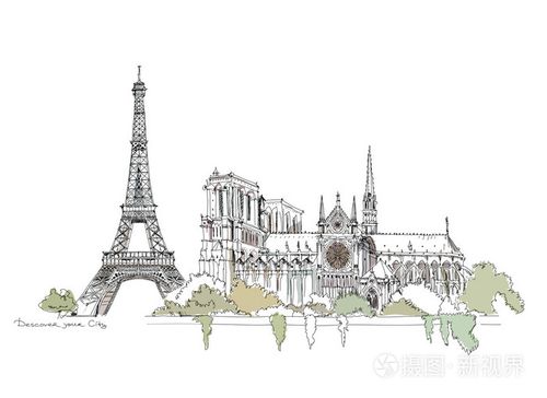 巴黎素描集合, 巴黎圣母院, 埃菲尔铁塔插画-正版商用图片08q7mb-摄图