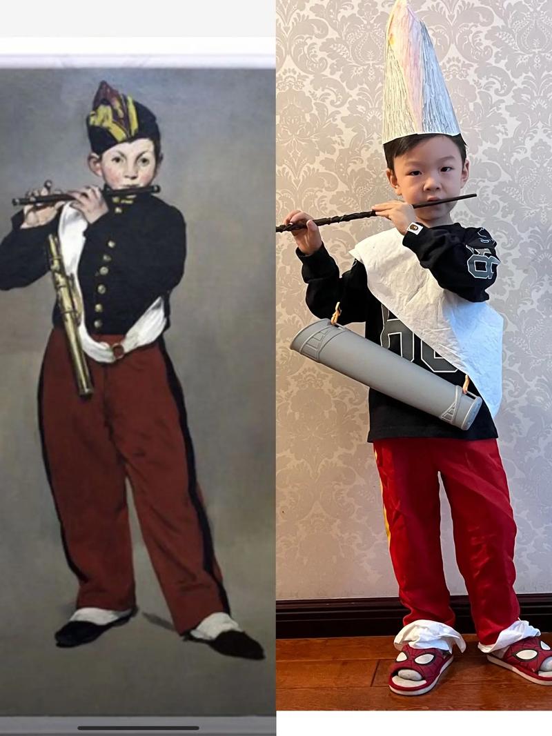 《世界名画马奈作品》恩恩模仿吹笛子的小男孩,幼儿园真是让我也 - 抖