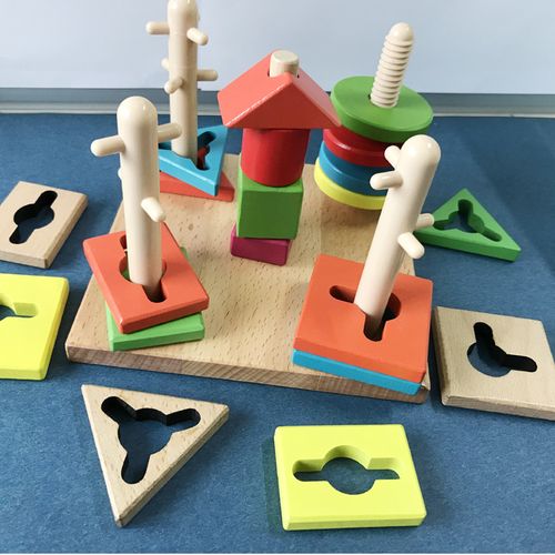 宝宝启蒙早教几何玩具宝宝智慧形状套柱五柱积木儿童木质益智玩具