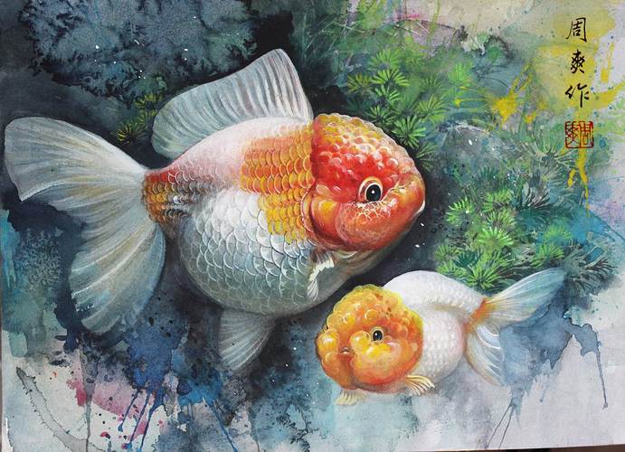 金鱼水彩画作品金鱼绘画作品