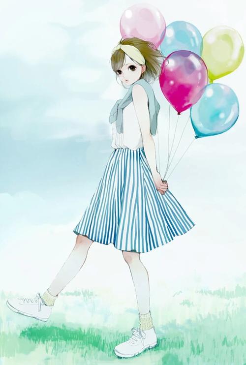 动漫女孩 小清新 戴帽白鞋漫步草地 气球 - 堆糖,美图壁纸兴趣社区