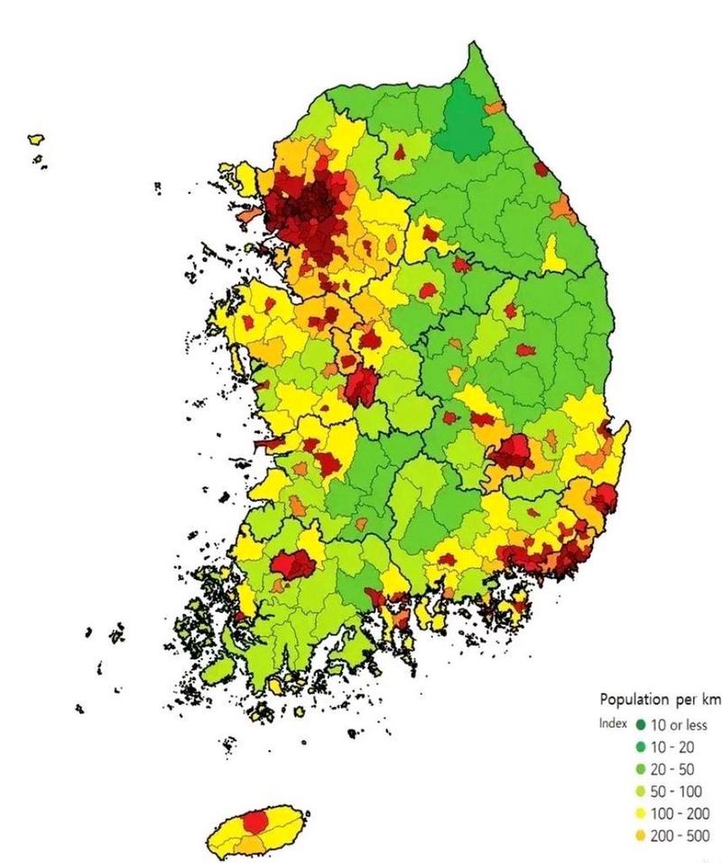韩国各地人口密度地图. 靠近朝鲜边界的首都地区人口最多 .