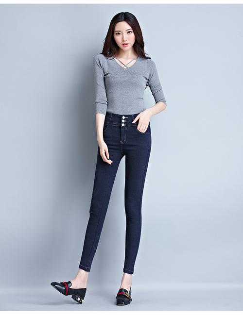 秋季新款韩版女式牛仔裤高腰排扣修身显瘦时尚弹力小脚裤女26.