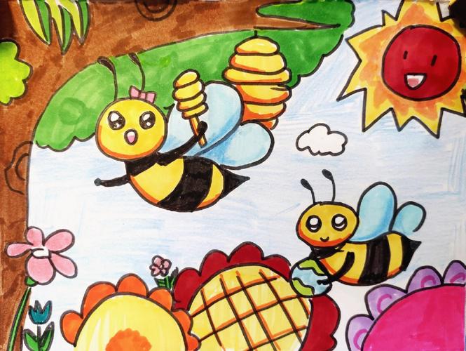 大家可以自己想想蜜蜂会做什么有趣的事情#儿童画