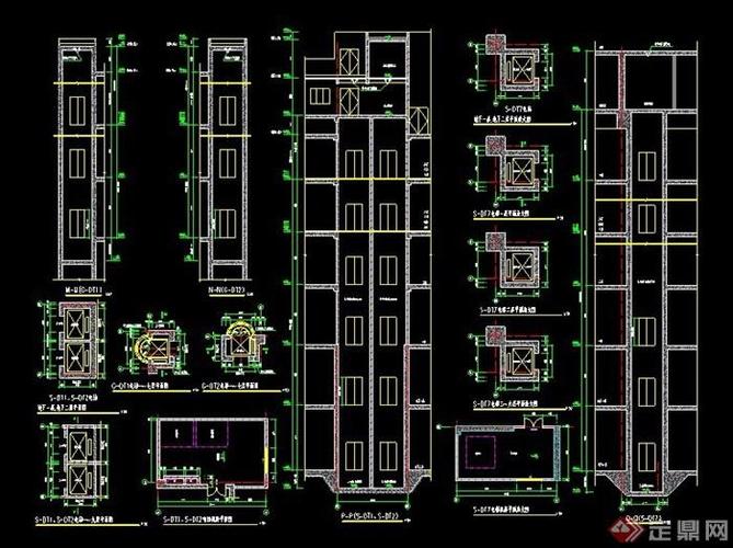 设计楼梯踏步楼梯模型电梯井设计详图素材,包括立面图,平面图,剖面图