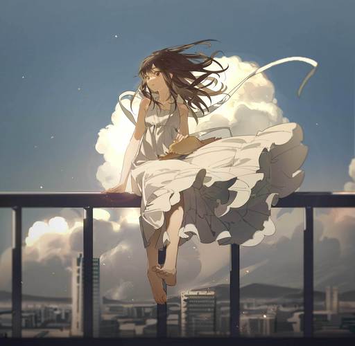 有人见过一个动漫女生坐在栏杆上后面有一朵云裙摆飞起的头像吗?