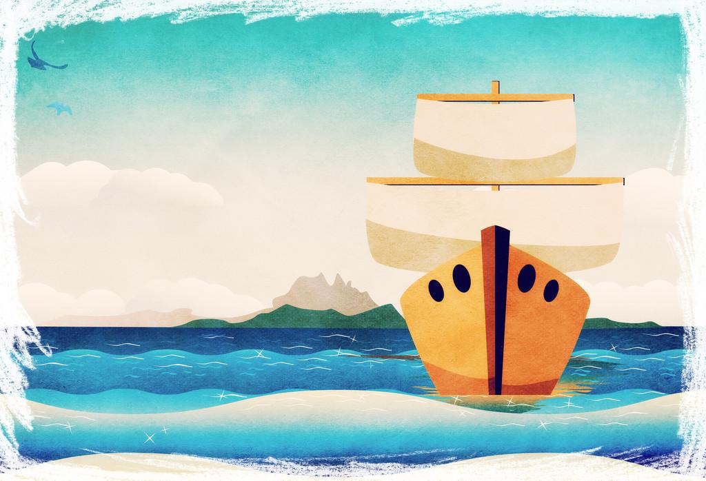 卡通小船在海中,海景和卡通木制小船与帆.