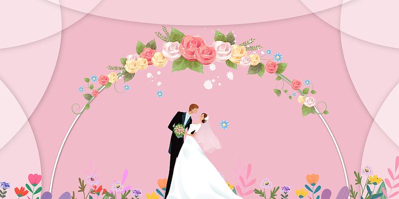 橙色简约浪漫婚礼结婚新娘新郎花圈鲜花展板背景婚礼背景