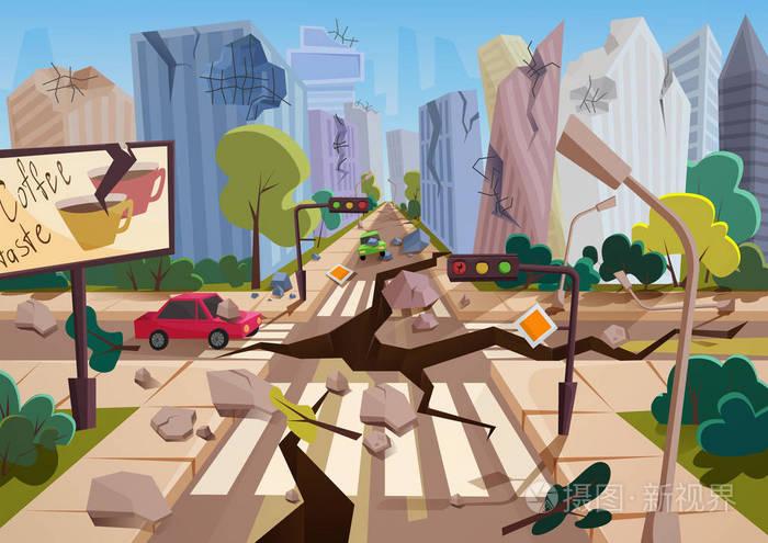 插画 卡通片地面裂缝的现实地震, 破坏了城市房屋的裂缝和破坏.