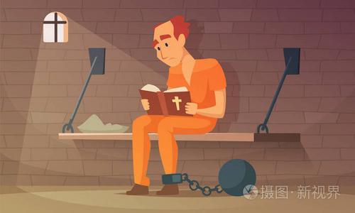 囚犯坐在牢房里阅读圣经插画-正版商用图片0oh8cc-摄图新视界