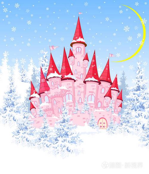 动画片粉红色城堡在冬天被白雪覆盖的森林的背景.