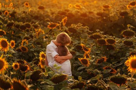 两个可爱的兄弟姐妹拥抱和乐趣向日葵领域.