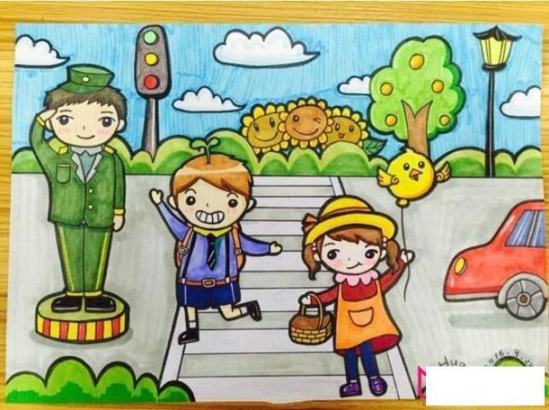 步骤过马路图片有关儿童画画警察叔叔帮助我们过红绿灯斑马线简笔画小
