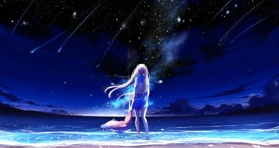 蓝色天空流星女孩晚上唯美4k动漫风景壁纸