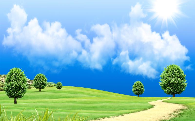 美丽的梦幻世界,绿草如茵,树木,道路,云,太阳 壁纸 - 1920x1200