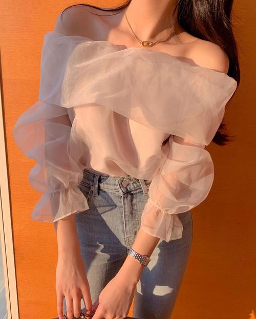 韩国chic夏季新款法式一字肩超仙设计感透明网纱上衣小性感衬衫