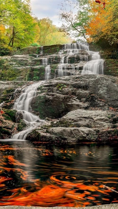 iphone 壁纸 美丽的瀑布,岩石,树木,秋天