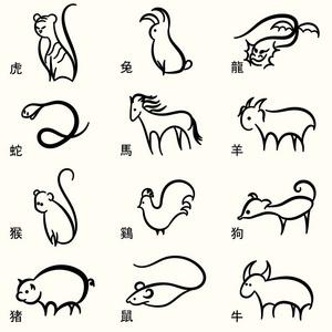 一组样式轮廓中国十二生肖符号的动物在线艺术与象形文字的动物名称一