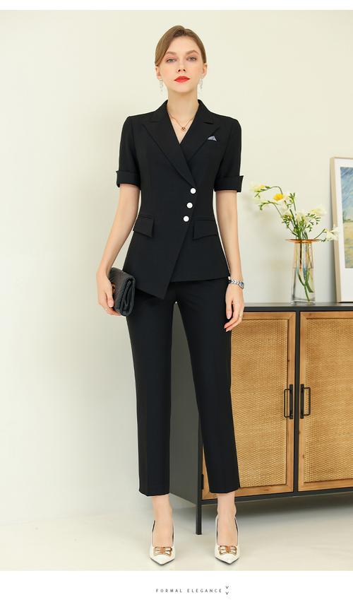 诗璐雅设计感西装套装女夏薄款黑色职业装干练总裁正装女西服套裙藏青
