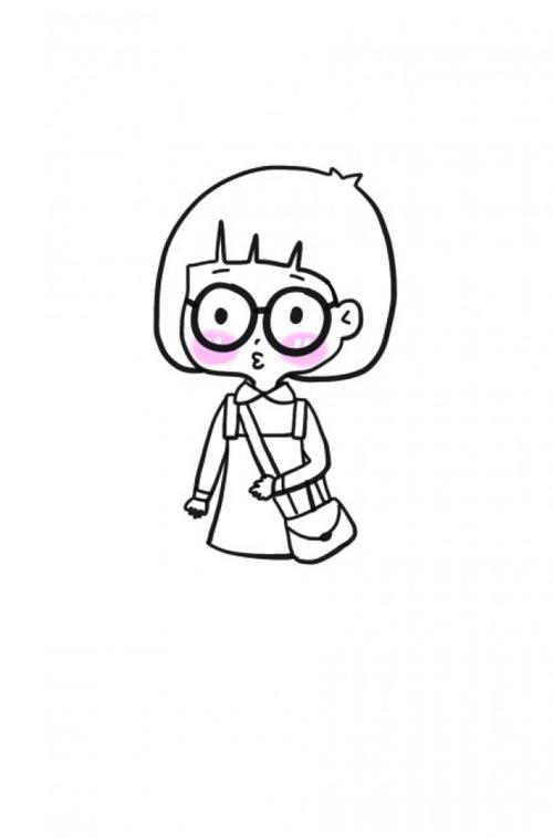 q版可爱小女孩简笔画教程图片 斜挎包戴眼镜蘑菇头不想长大的女孩子