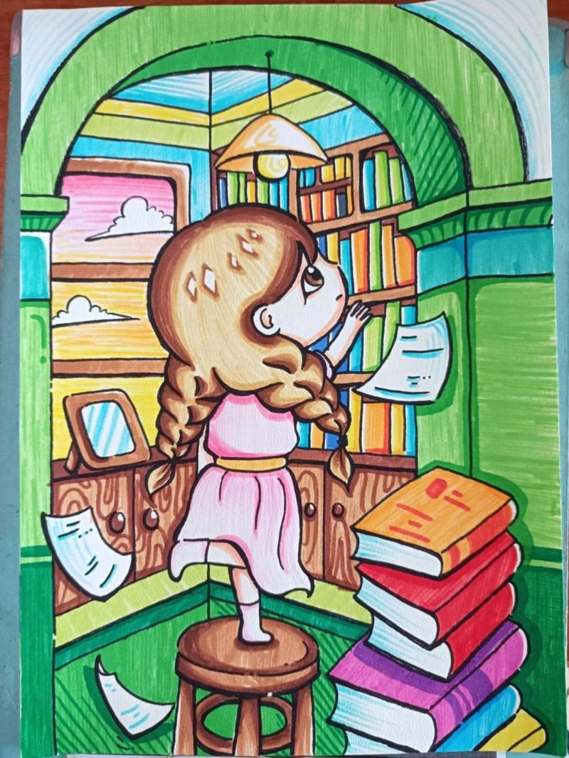 《图书馆》创意主题儿童画(含过程) 这也是库存哦,之前暑假画的 用的3