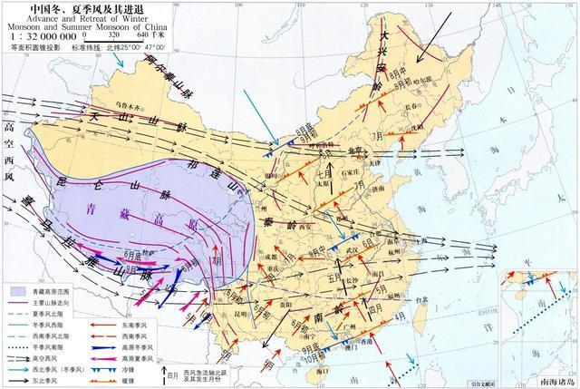 读中国风能资源分布图,寻找我国风能资源的分布规律及其成因