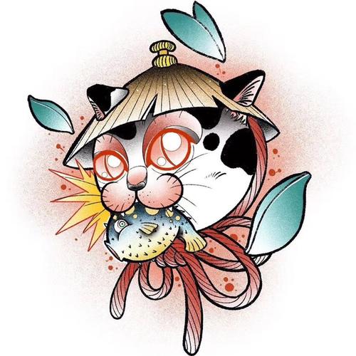 纹身新传统小猫花臂素材青图刺青手稿彩色可爱卡通